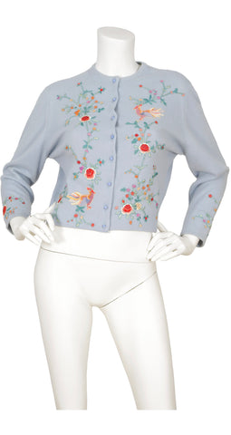 1950s Baby Blue Cashmere Embroidered Cardigan