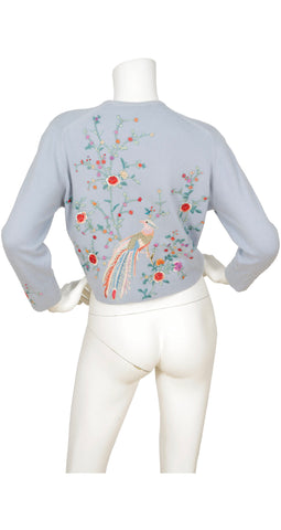 1950s Baby Blue Cashmere Embroidered Cardigan