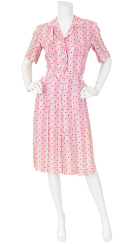 1970s Pink Polka-Dot Crepe Shirt Dress