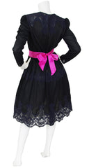 1970s Black Crochet Lace Pink Bow Full Skirt Evening Dress
