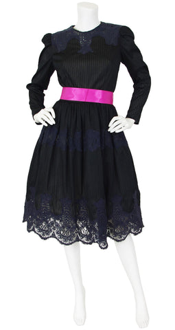 1970s Black Crochet Lace Pink Bow Full Skirt Evening Dress
