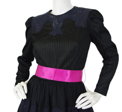 1970s Black Crochet Lace Pink Bow Full Skirt Evening Dress