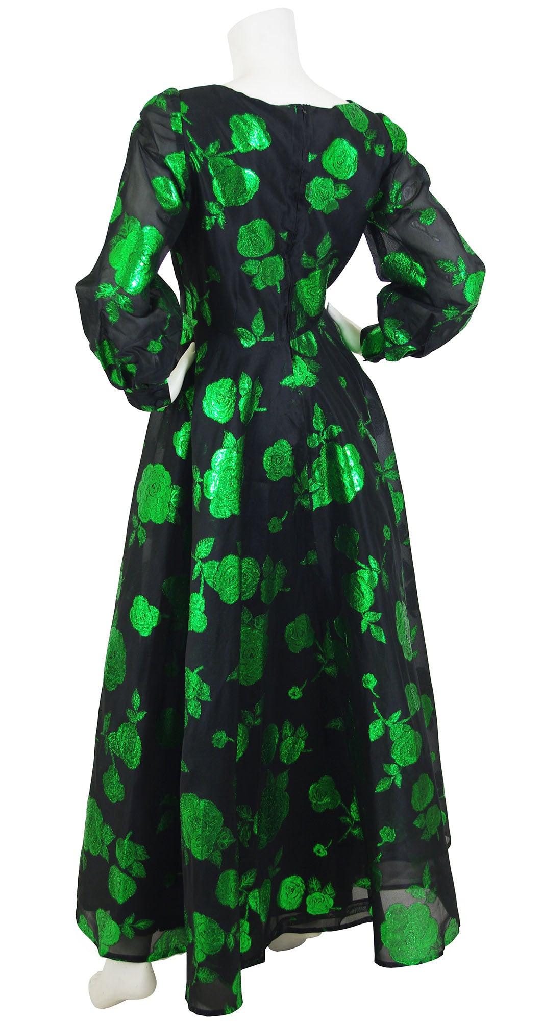 1960s Black Silk Organza & Green Floral Metallic Gown