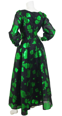 1960s Black Silk Organza & Green Floral Metallic Gown