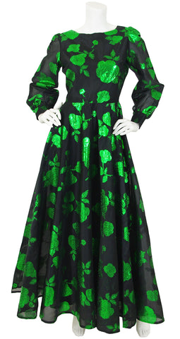1960s Black Silk Organza & Green Floral Metallic Gown