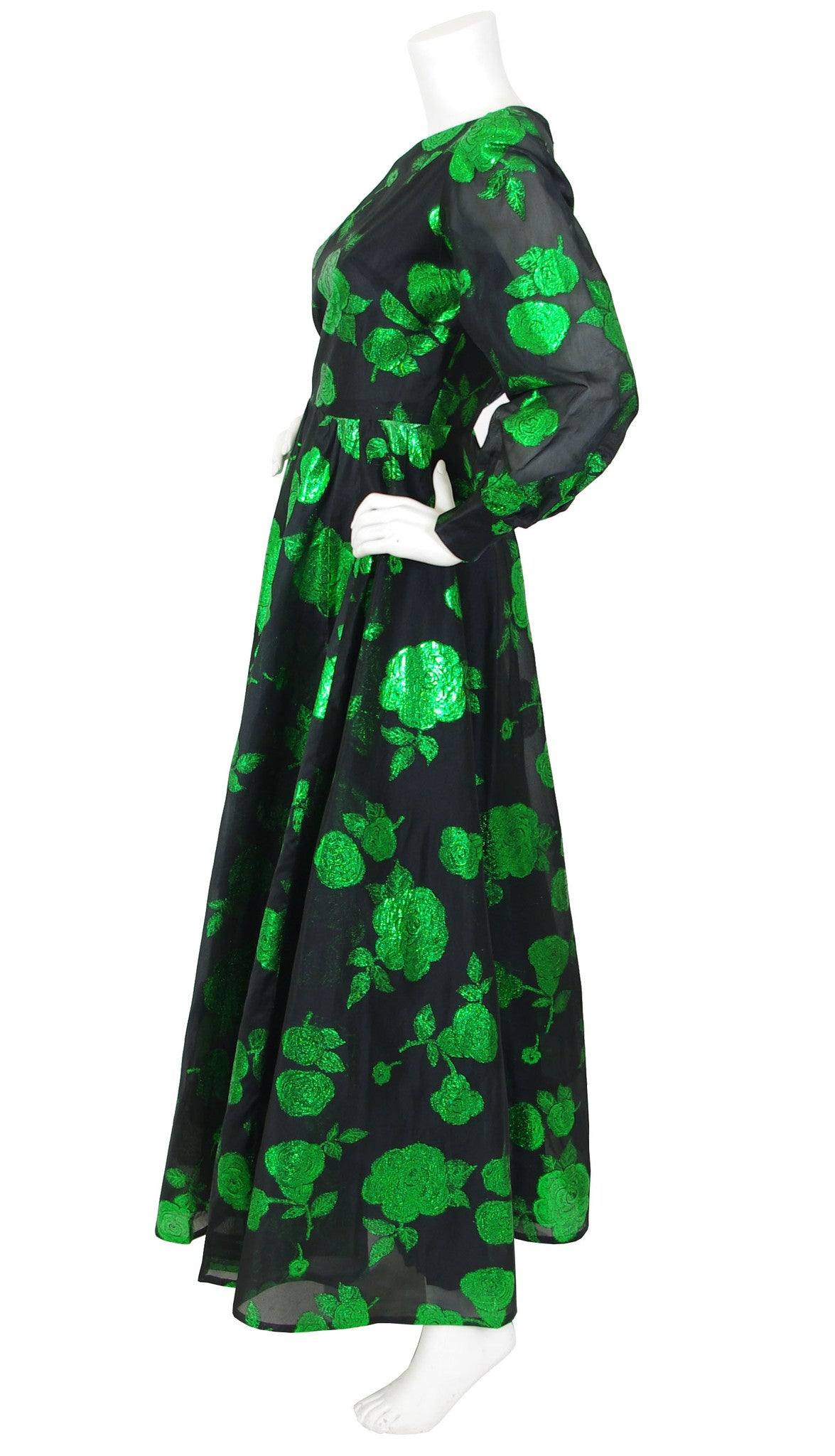 1960s Black Silk Organza & Green Floral Metallic Gown