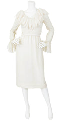 1960s White Voile Feathered Trim Dress