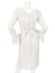 1960s White Voile Feathered Trim Dress