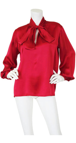 1970s Red Silk Balloon Sleeve Secretary Blouse