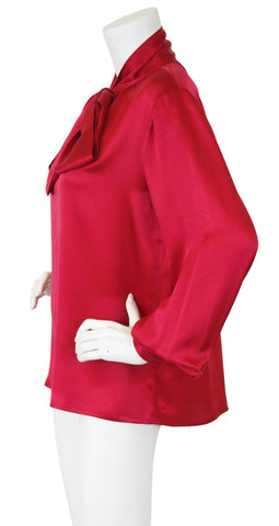 1970s Red Silk Balloon Sleeve Secretary Blouse