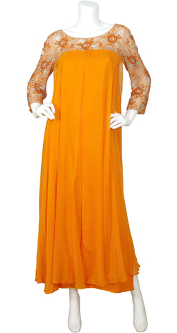 1960s Beaded Orange Silk Chiffon Gown