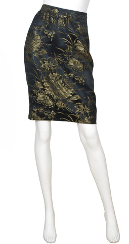 1980s Gold & Black Floral Brocade Pencil Skirt