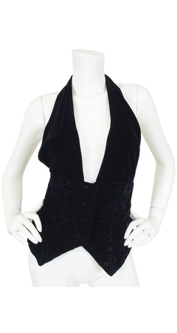 1980s Black Quilted Velvet Plunge Neck Halter Top