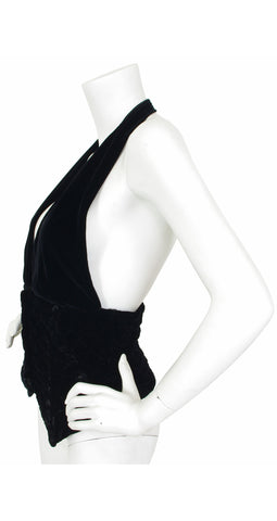 1980s Black Quilted Velvet Plunge Neck Halter Top