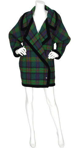 1980s Green Plaid Wool & Velvet Trim Blanket Coat