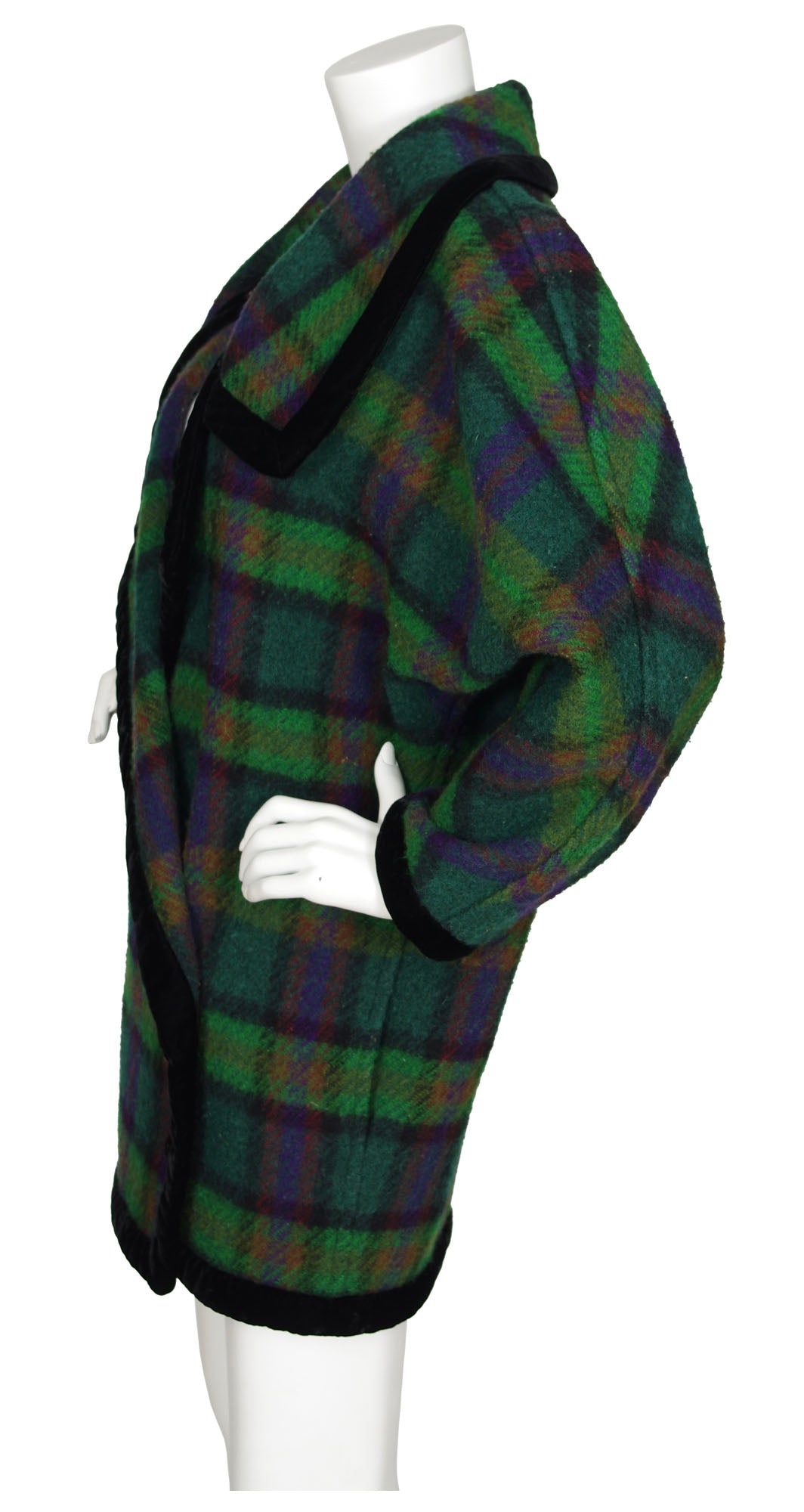 1980s Green Plaid Wool & Velvet Trim Blanket Coat