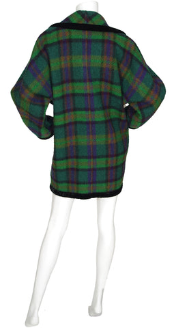 1980s Green Plaid Wool & Velvet Trim Blanket Coat