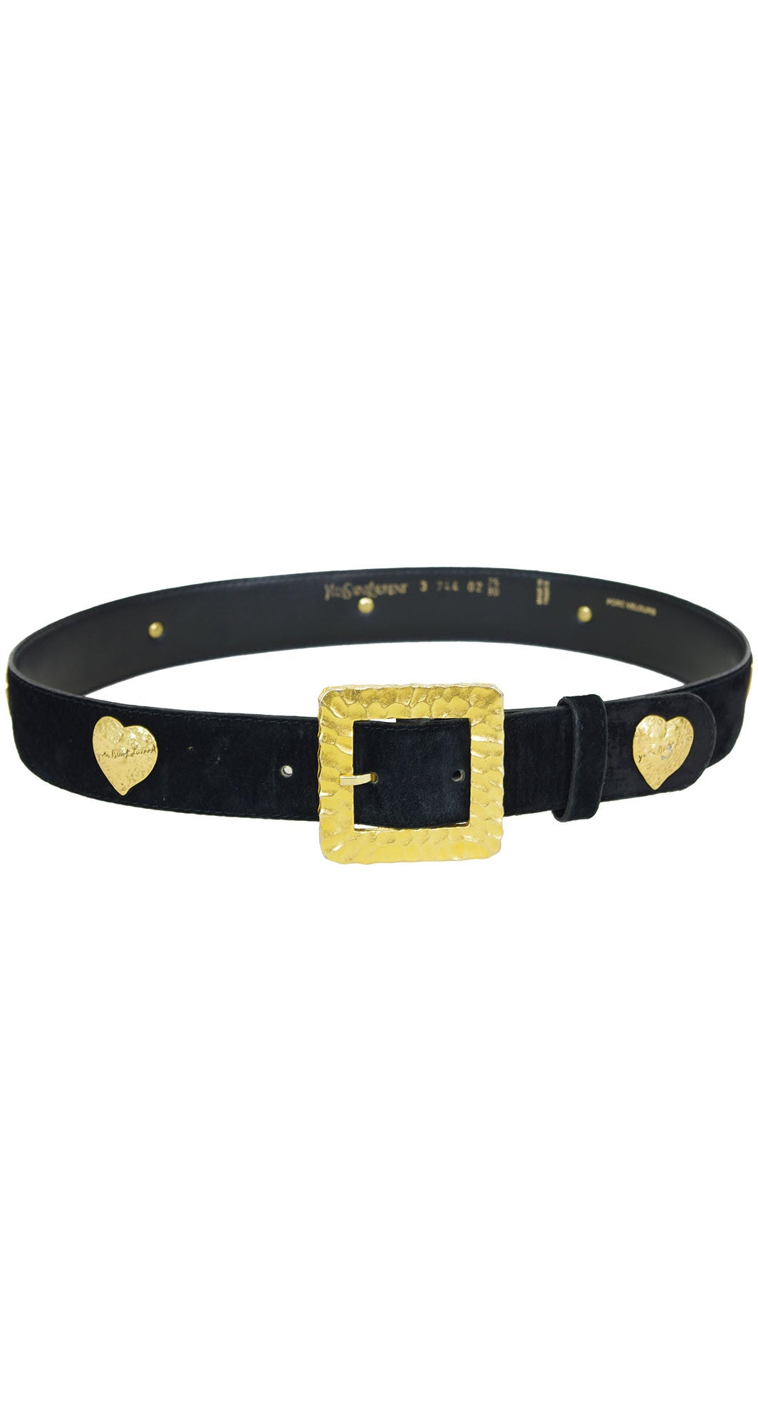 Yves Saint Laurent Vintage 1980's Hammered Gold Signature Heart Black Suede  Belt – Featherstone Vintage