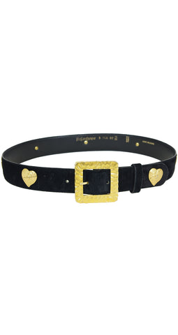 1980s Hammered Gold Signature Heart Black Suede Belt