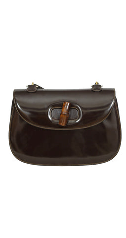 1970s Iconic Bamboo Clasp Brown Patent Leather Shoulder Bag