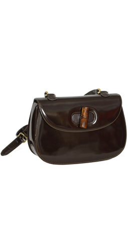 1970s Iconic Bamboo Clasp Brown Patent Leather Shoulder Bag
