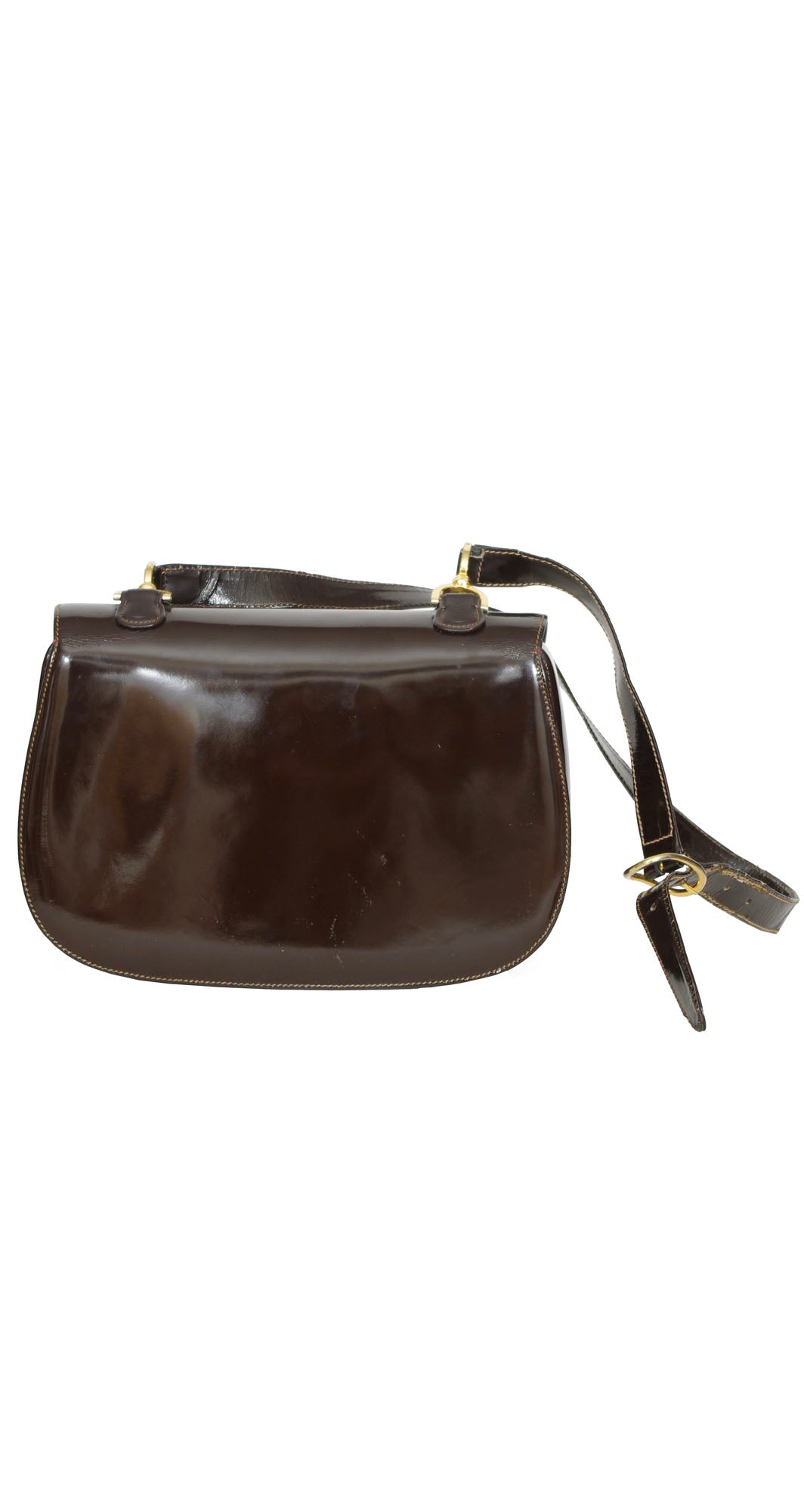 1970s Iconic Bamboo Clasp Brown Patent Leather Shoulder Bag