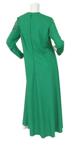 1960s Rhinestone Starburst Green Jersey Evening Dress