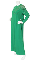 1960s Rhinestone Starburst Green Jersey Evening Dress