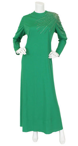 1960s Rhinestone Starburst Green Jersey Evening Dress