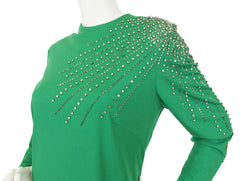 1960s Rhinestone Starburst Green Jersey Evening Dress