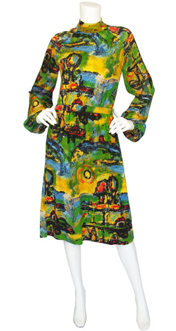 1970s Impressionist Wool Jersey & Silk Balloon Sleeve Dress