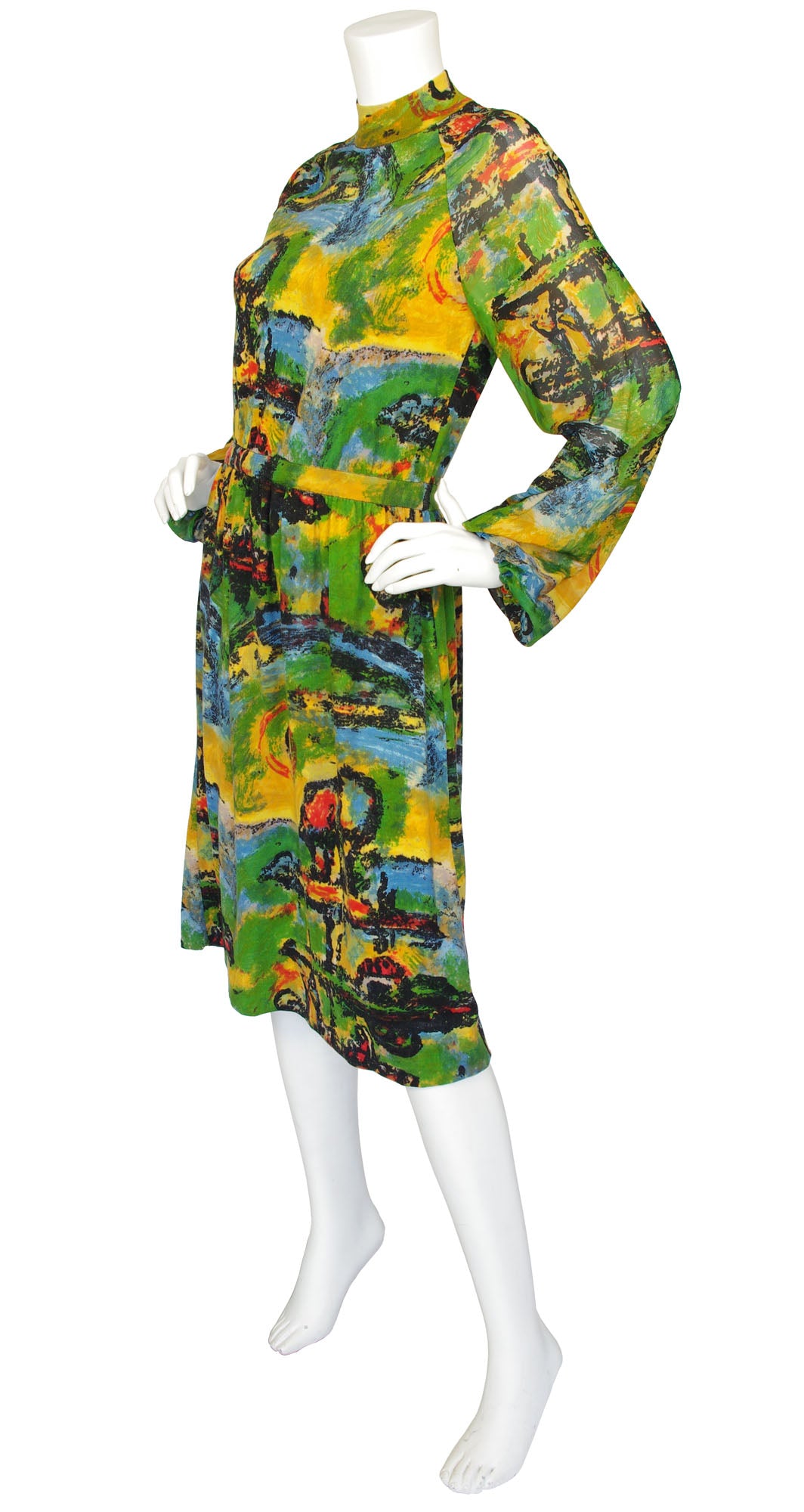 1970s Impressionist Wool Jersey & Silk Balloon Sleeve Dress