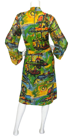 1970s Impressionist Wool Jersey & Silk Balloon Sleeve Dress