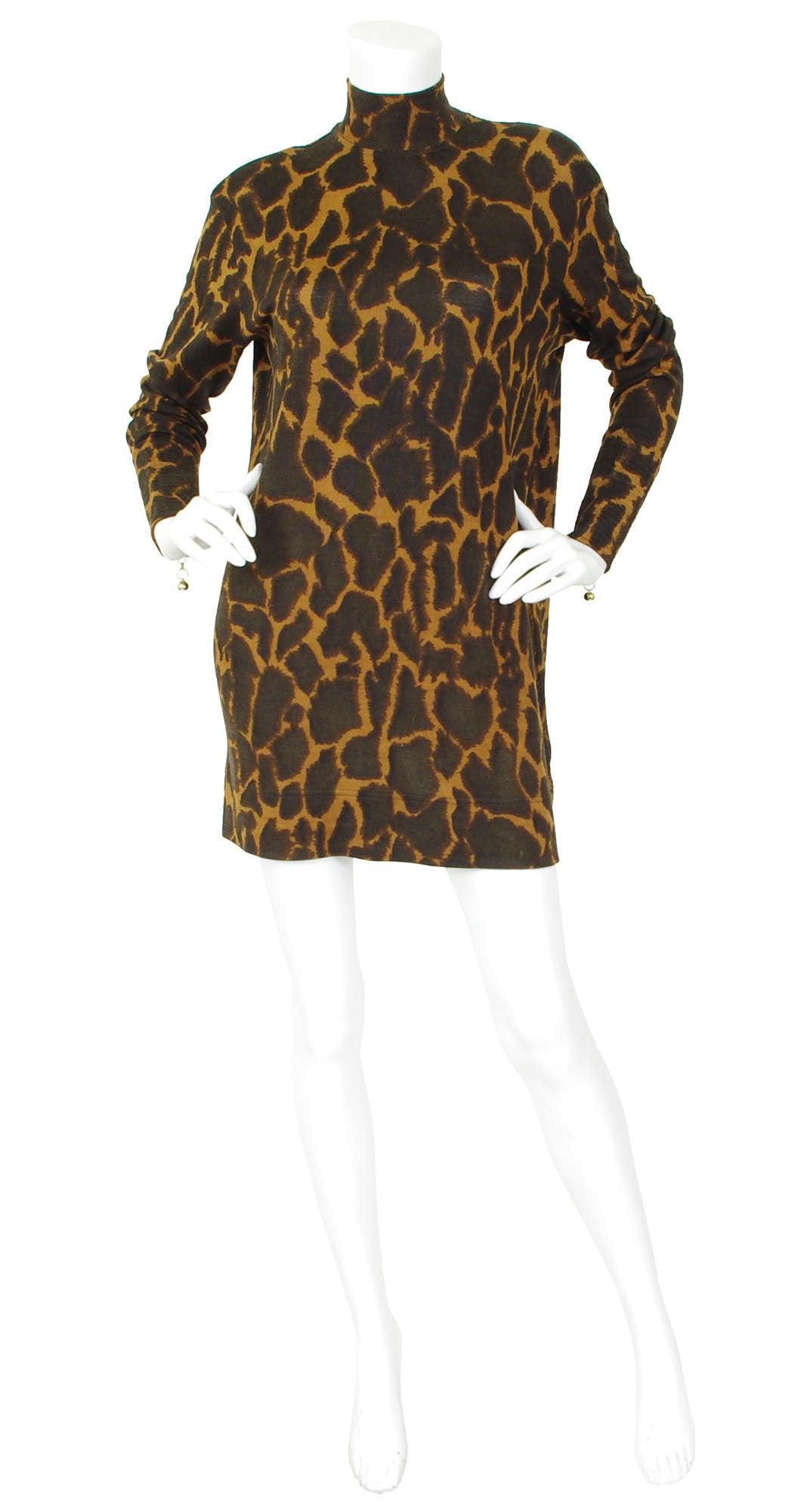 c. 1990 Giraffe Print Wool Turtleneck Sweater Mini Dress