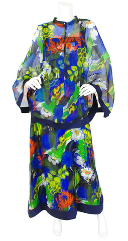 1970s French Floral Silk Organza Capelet Maxi Dress