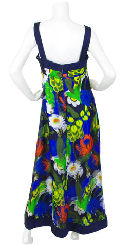 1970s French Floral Silk Organza Capelet Maxi Dress