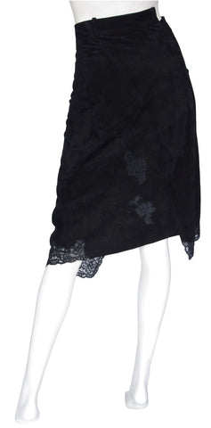 2000 John Galliano Black Suede & Lace Asymmetrical Skirt