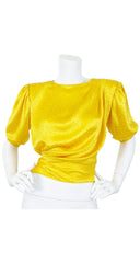 1986 Documented Yellow Polka-Dot Silk Puff Sleeve Blouse