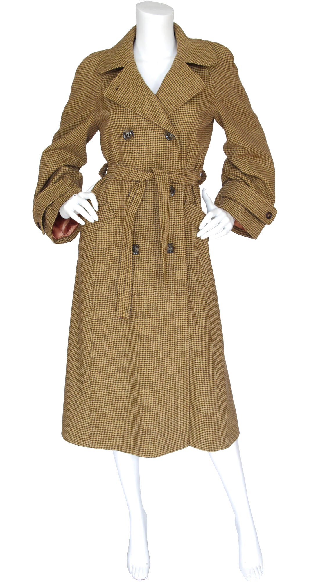 1970s does 1940s Beige Houndstooth Wool Trench Coat