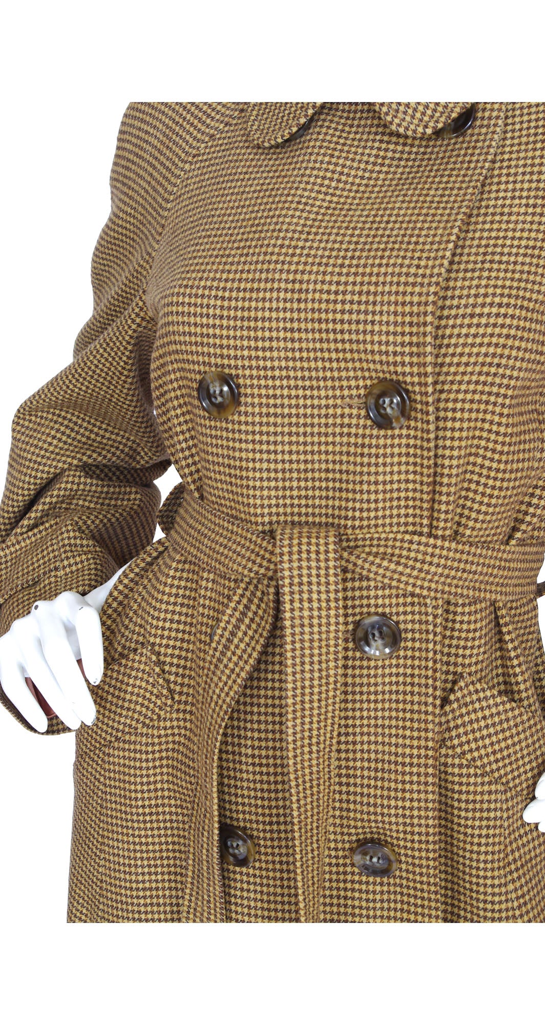 1970s does 1940s Beige Houndstooth Wool Trench Coat