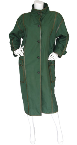 1980s Green Cotton & Leather Trim Oversized Coat