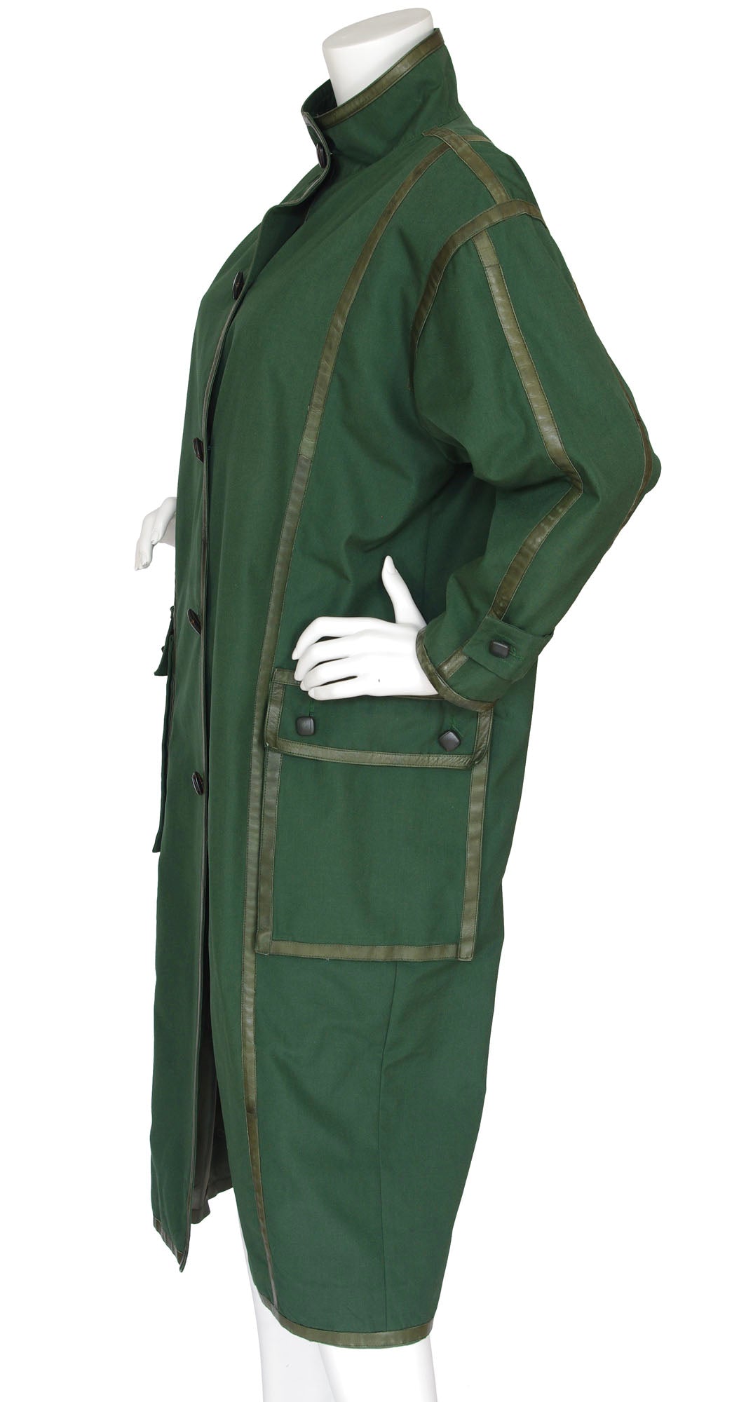 1980s Green Cotton & Leather Trim Oversized Coat