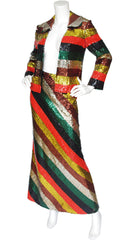 1970s Rainbow Striped Sequin Jacket & Maxi Skirt Set