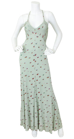 1970s Green Floral Cross-Back Maxi Dress by Gianni Versace