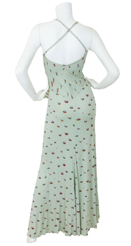 1970s Green Floral Cross-Back Maxi Dress by Gianni Versace