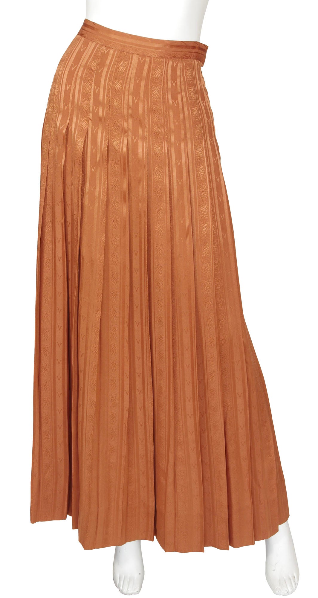 1970s "V" Pleated Rust Jacquard Silk Maxi Skirt