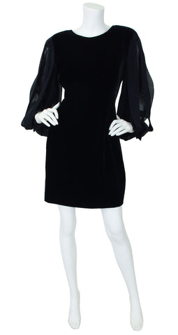 1980s Car Wash Sleeves Black Velvet Cocktail Dress