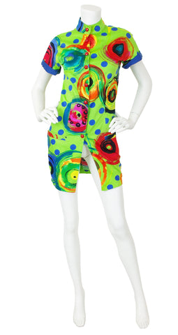 1990s Lime Green Swirl Cotton Tunic Mini Dress