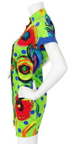 1990s Lime Green Swirl Cotton Tunic Mini Dress