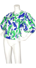 1980s Dramatic Puff Sleeved Abstract Cotton Blouse